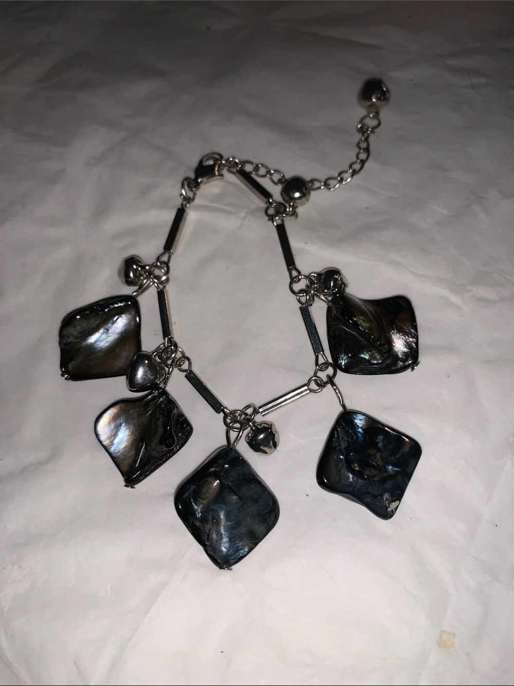 Silver-Tone Black Iridescent Shell Charm Bracelet
